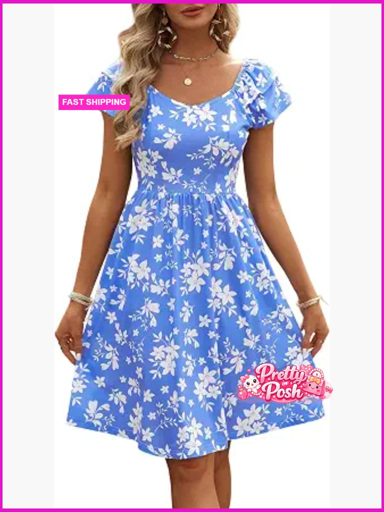 Women's Midi Sundress With Pockets, Elastic Waist, Short Sleeves, Square Neck